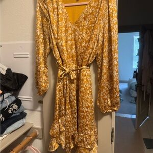 Collective Concepts Gold Wrap Sundress with Bishop Sleeves